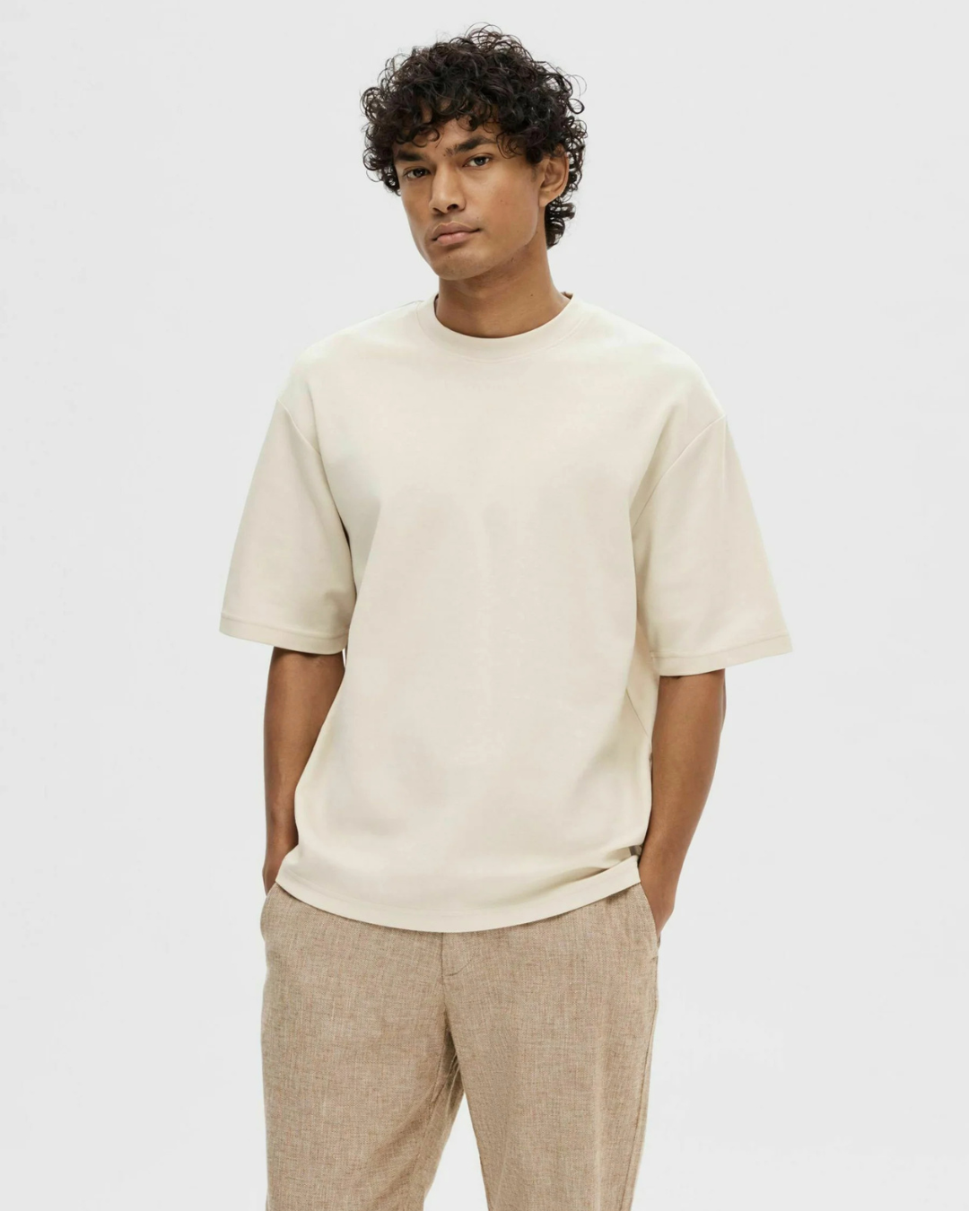 Selected Homme - Slhloose Oscar SS O-Neck Tee - Beige