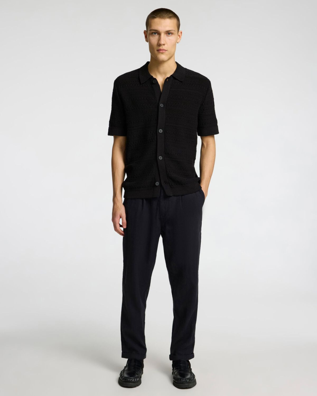 Selected Homme - Slhpalo SS Knit Crochet Polo Cardigan - Black