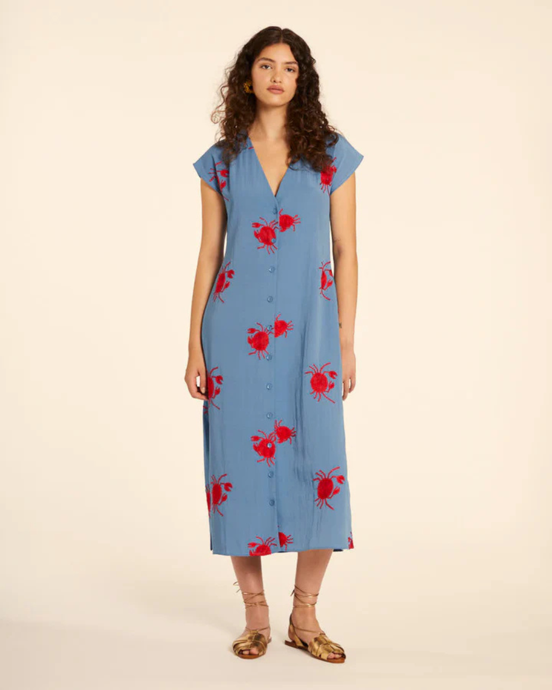 Pepa Loves - Vestido Abotonado con Bordado de Cangrejos Azul - Blu