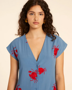 Pepa Loves - Vestido Abotonado con Bordado de Cangrejos Azul - Blu