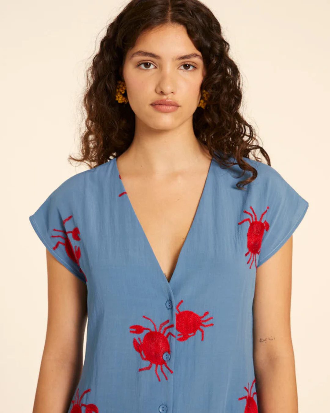Pepa Loves - Vestido Abotonado con Bordado de Cangrejos Azul - Blu