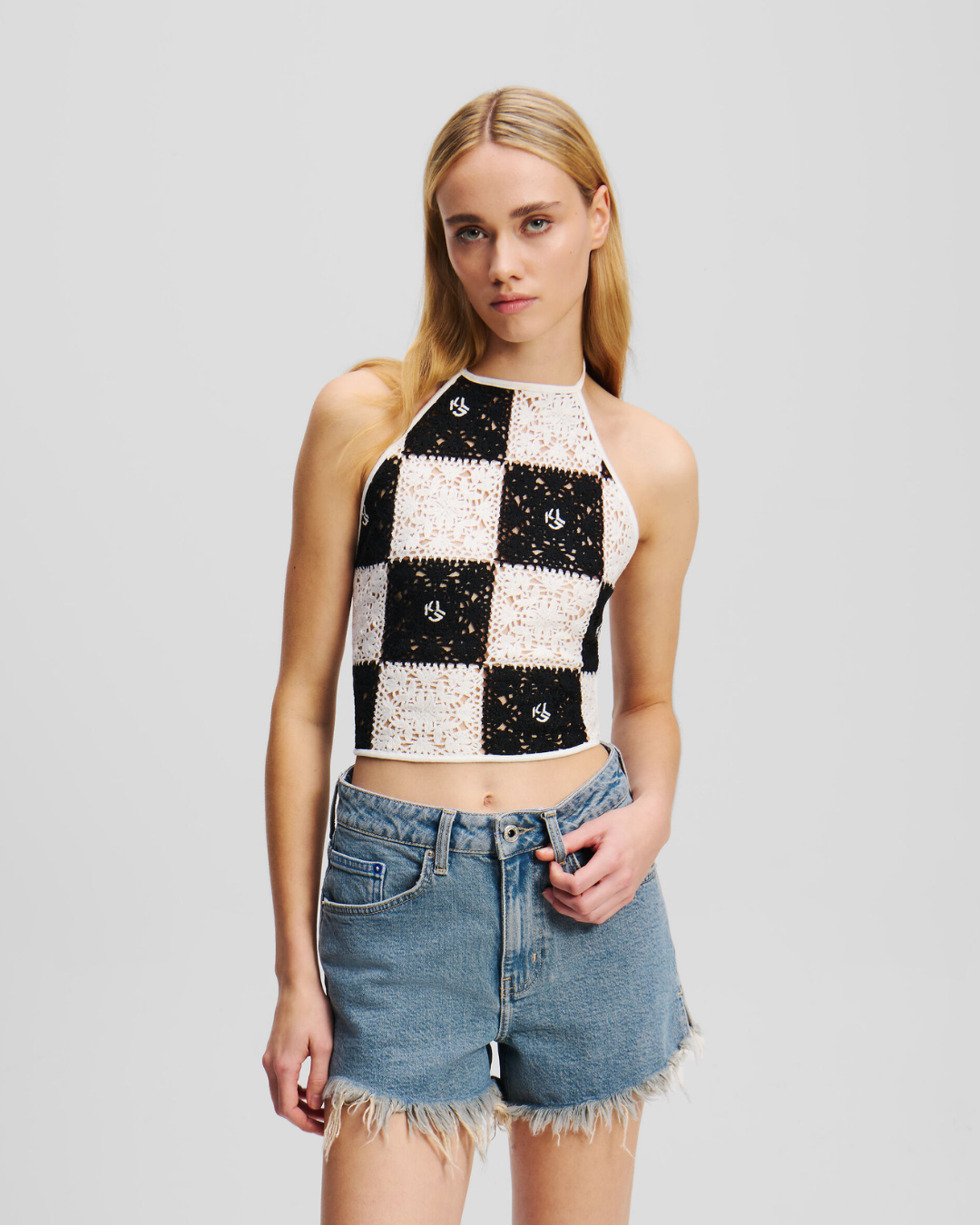Karl Lagerfeld Jeans - KLJ Crochet Fitted Top - Nero e Bianco