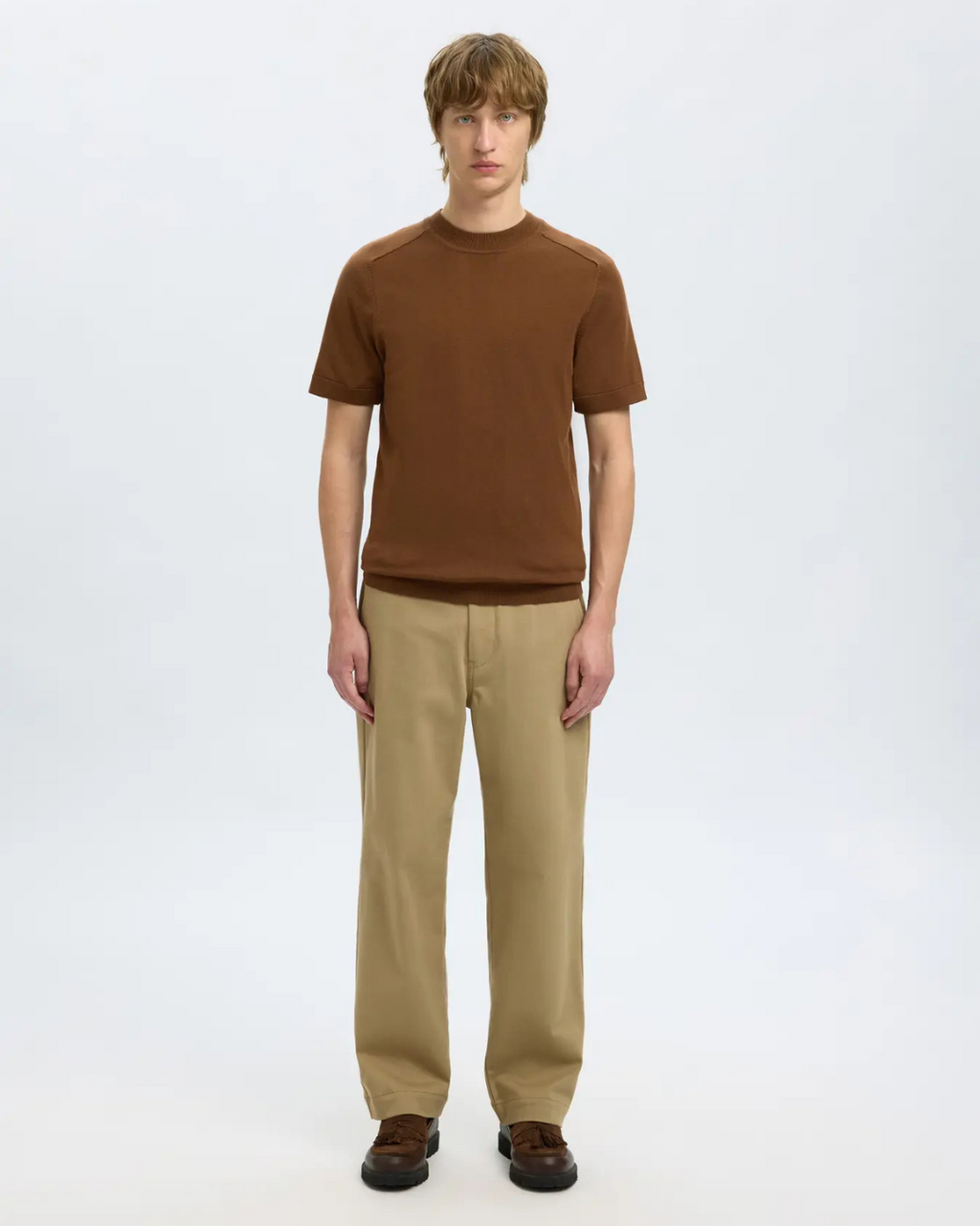 Selected Homme - Slhtray SS Knit Merino Crew Neck Noos - Marrone