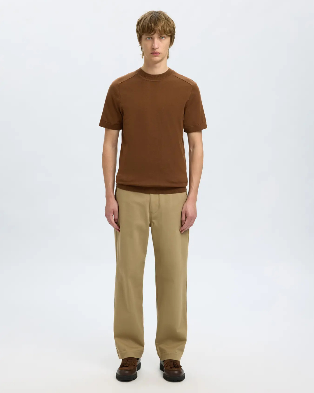 Selected Homme - Slhtray SS Knit Merino Crew Neck Noos - Marrone