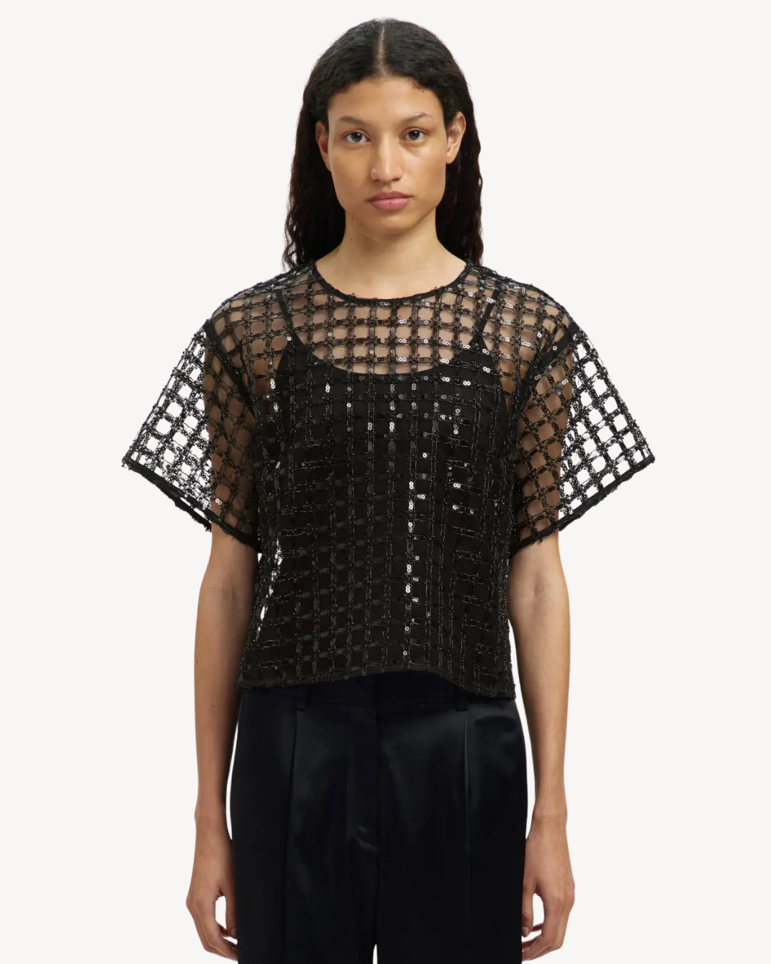 Selected Femme - Slflaren SS Cropped Sequins Top B - Nero