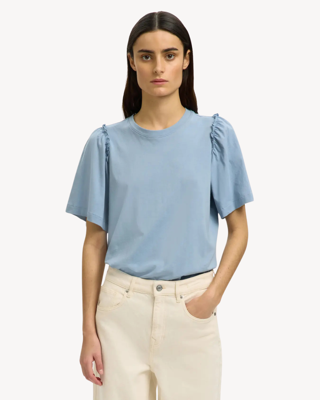 Selected Femme - Slfpenelope 2/4 Ruffle Tee Noos - Blu