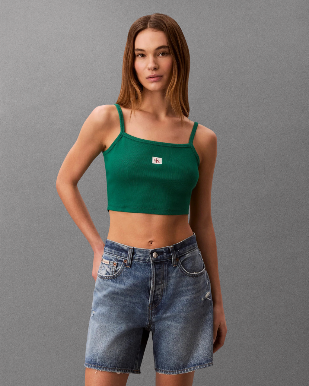 Calvin Klein Jeans - SL Woven Label 2X2 Baby Rib Crop Top - Verde