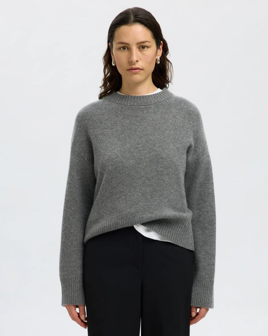 Selected Femme - Slfcille Cashmere Blend LS Knit O-neck - Grigio