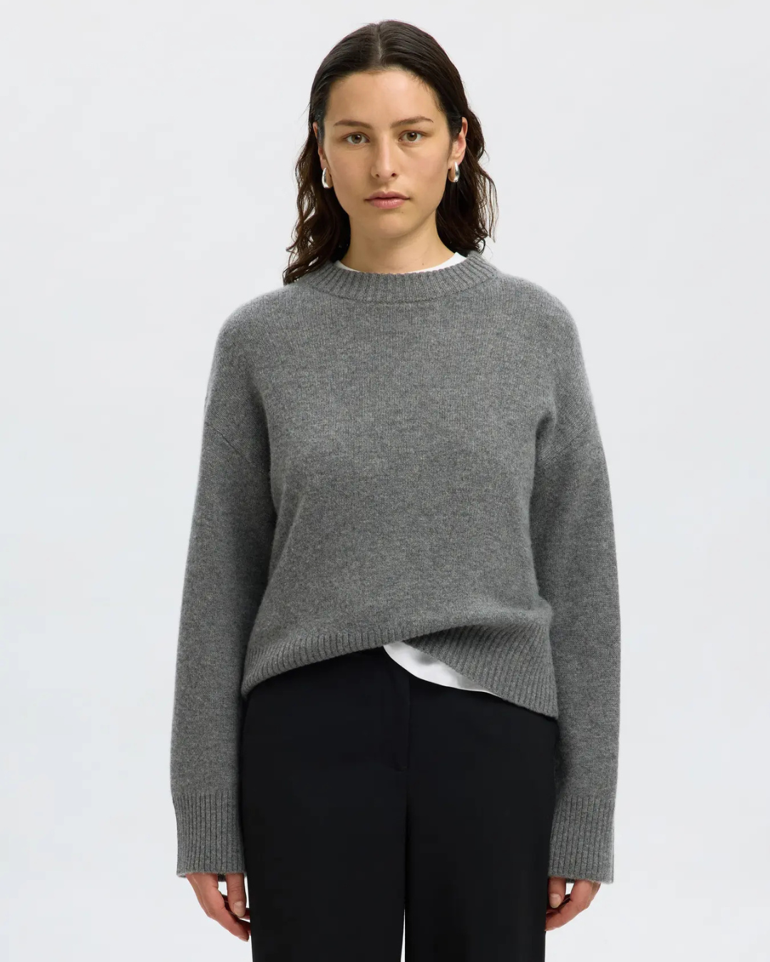 Selected Femme - Slfcille Cashmere Blend LS Knit O-neck - Grigio