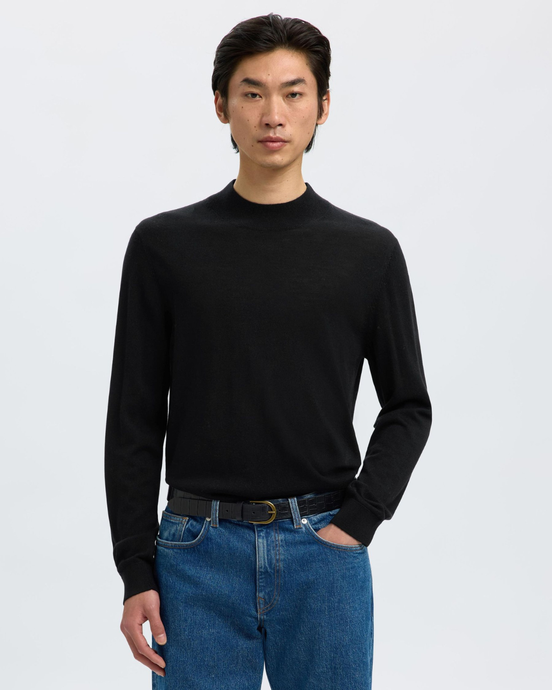 Selected Homme - Slhtray LS Knit Merino Mock Neck Noos - Nero