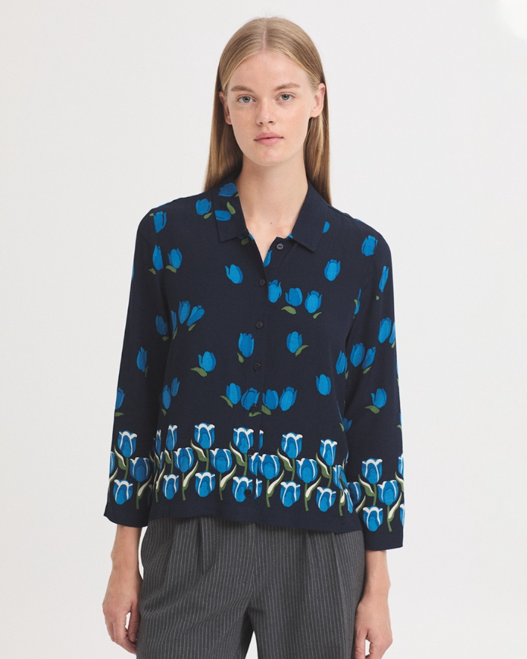 Nice Things - "Tulips Panneau Print" Shirt - Blu