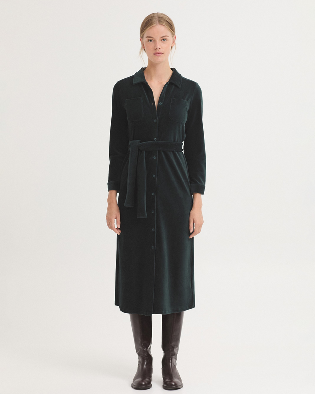 Nice Things - Micro Curduroy Elastic Shirt Dress - Granite Dark Green