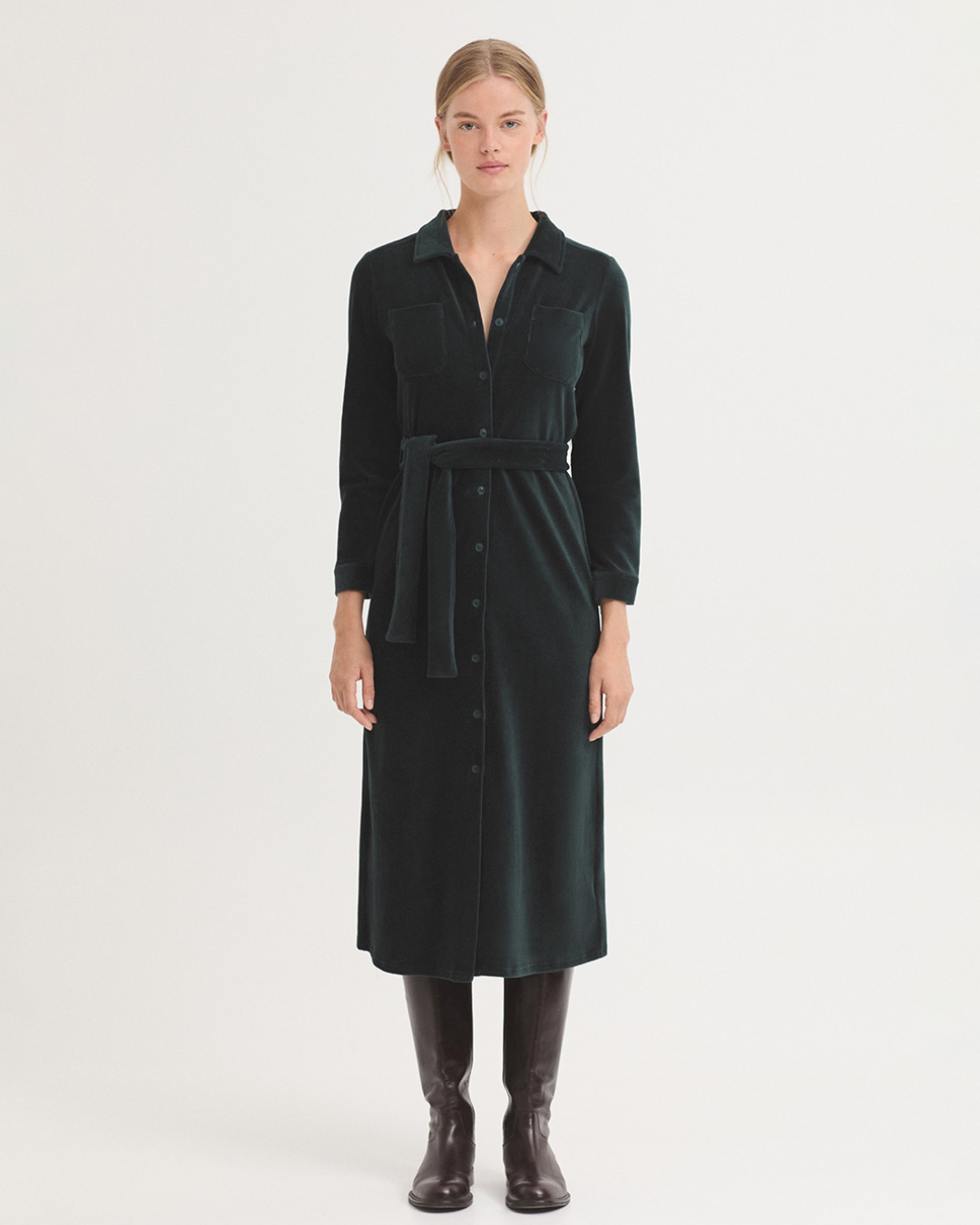 Nice Things - Micro Curduroy Elastic Shirt Dress - Granite Dark Green