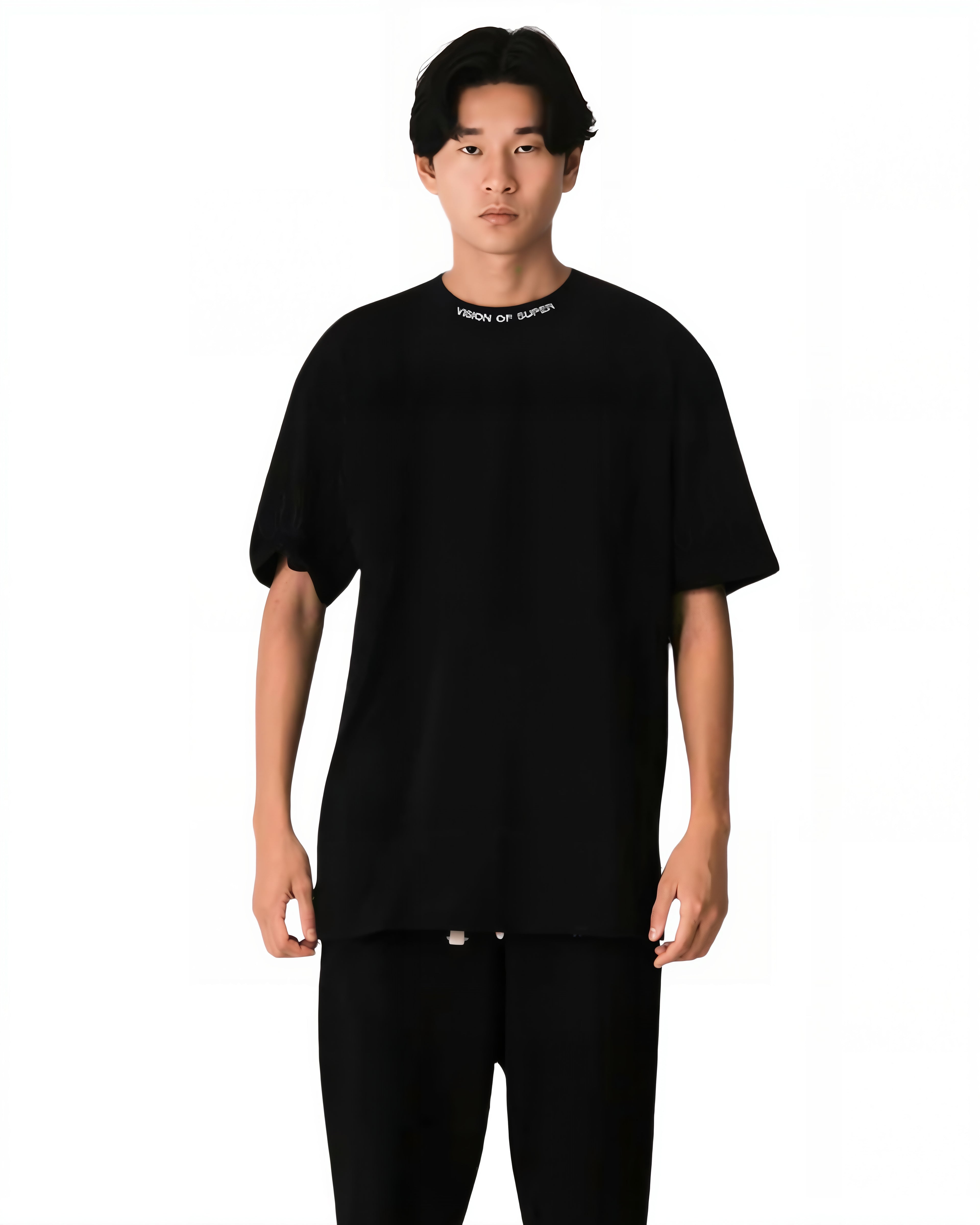 Vision of Super - Black Tee With Grey Embroidered Logo and Flames - Nero