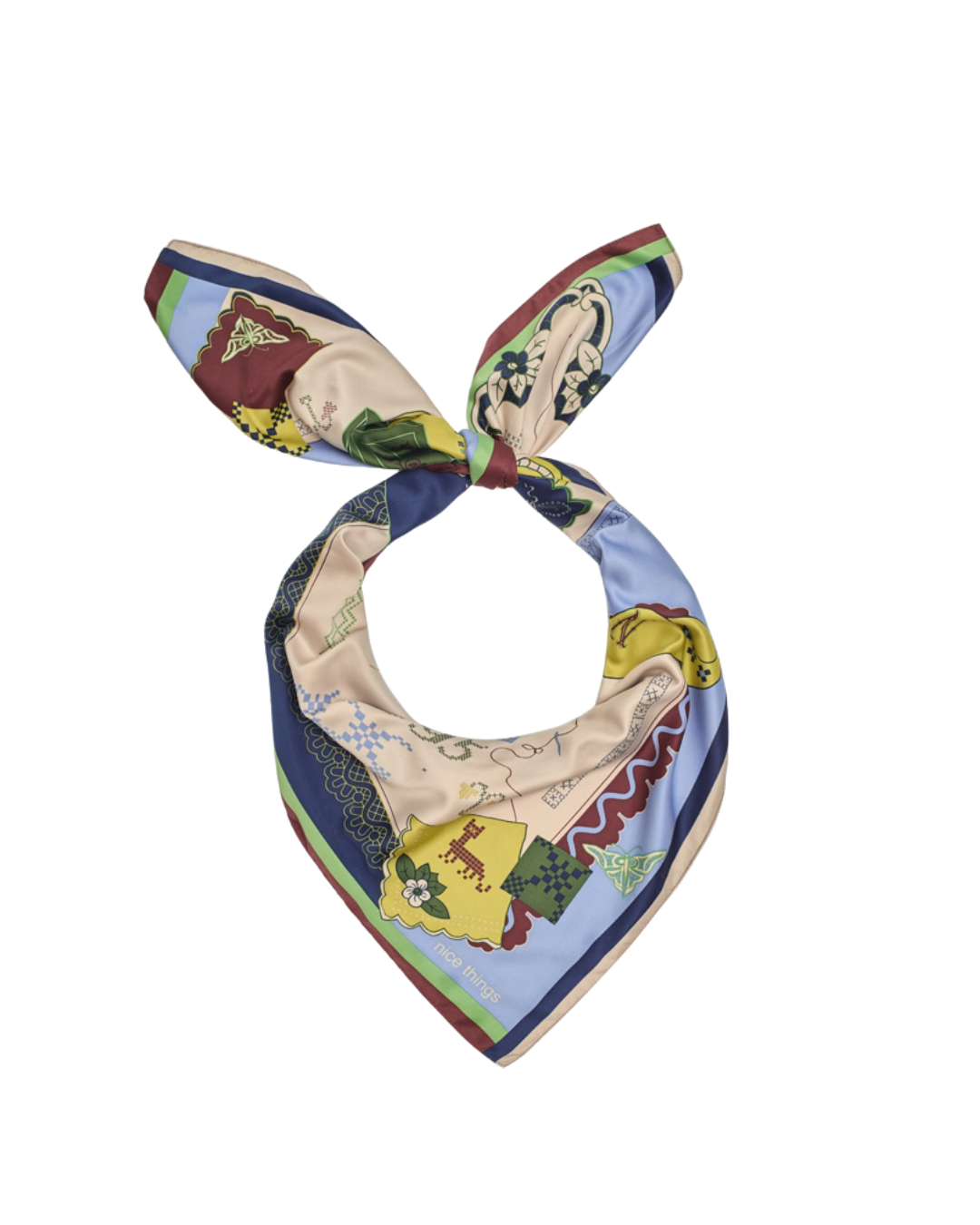 Nice Things - "Cross Stitch Print" Satin Scarf - Shiny Blue