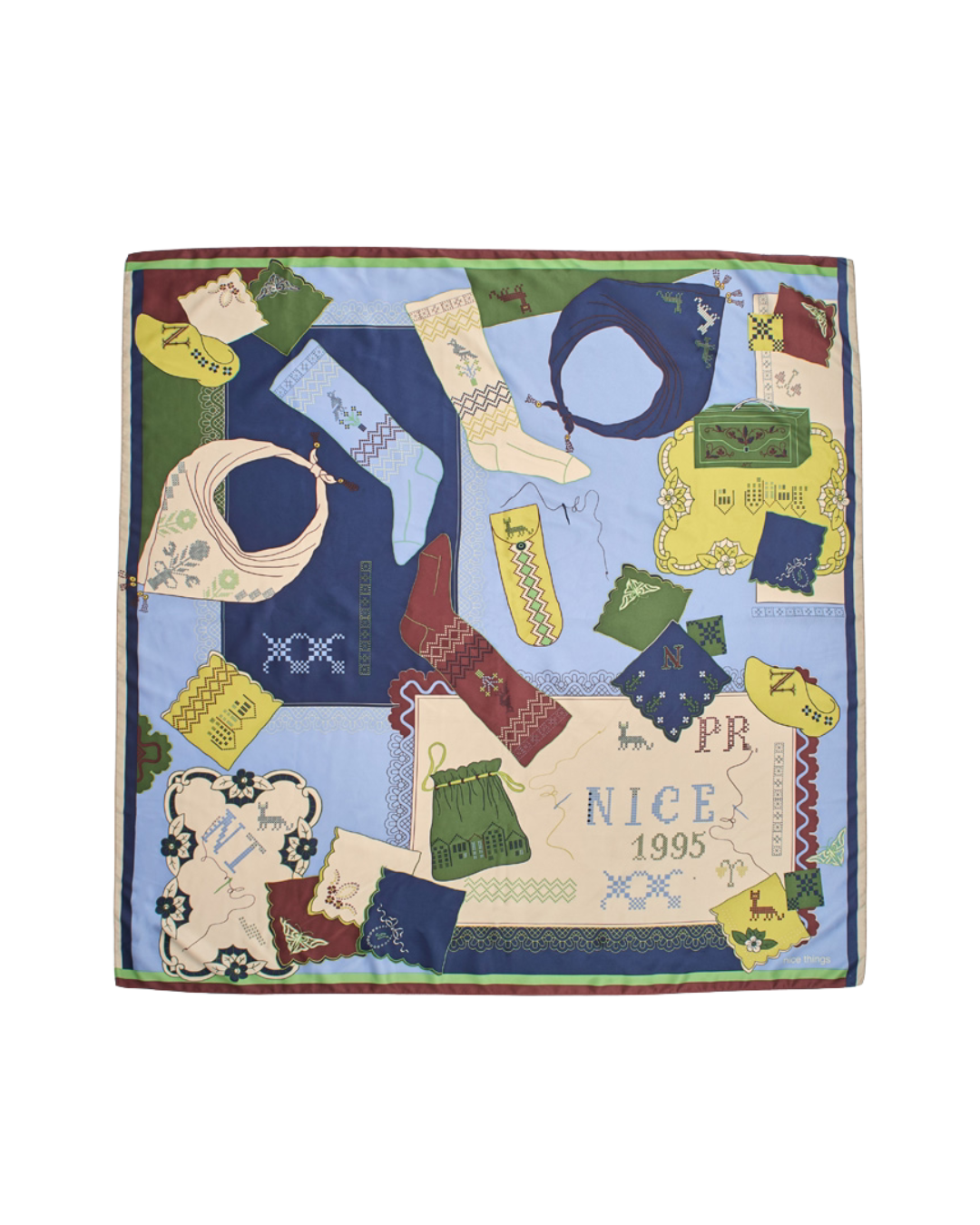 Nice Things - "Cross Stitch Print" Satin Scarf - Shiny Blue