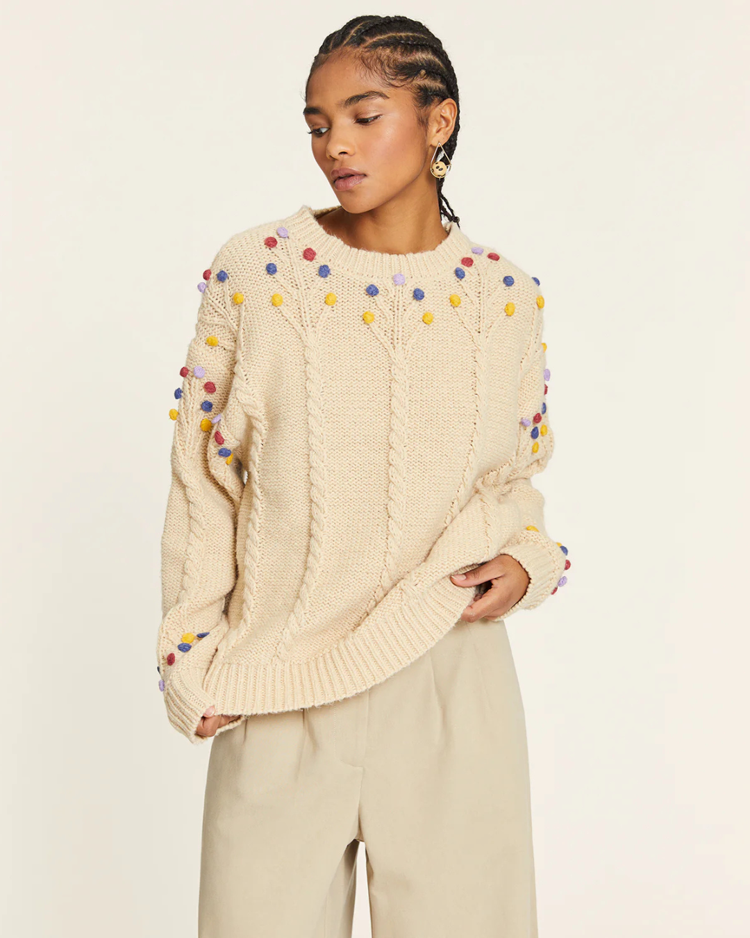 Pepa Loves - Jersey Pompom Con Trenzados - Crema