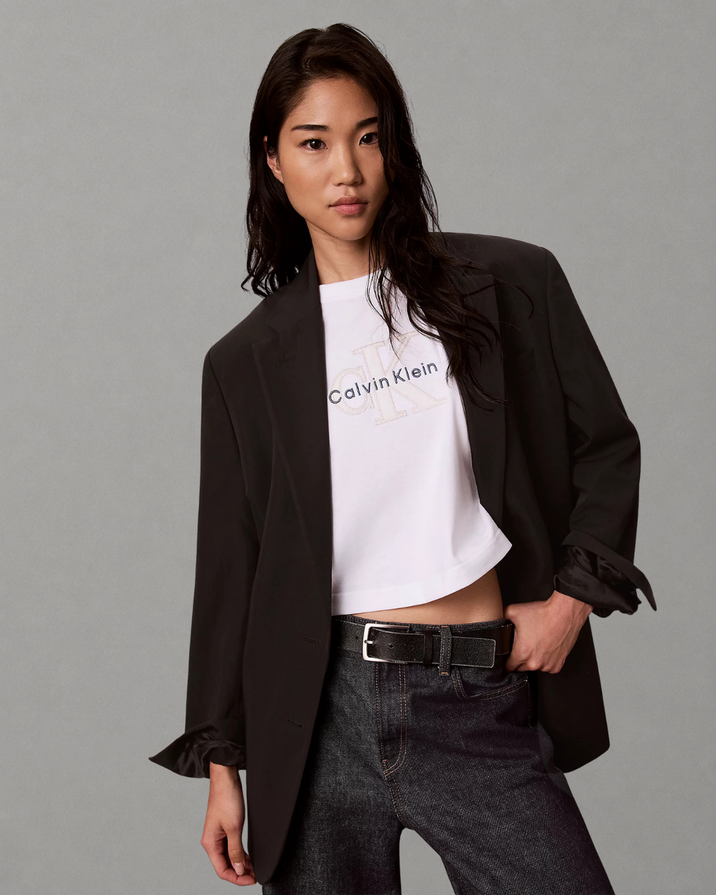 Calvin Klein Jeans - OS Cropped Denim Applique Monologo Tee - Bianco